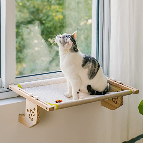 MEWOOFUN 猫ベッド 窓用 ハンモック 木製 木製と金属製フレーム 頑丈 窓枠 ベッドサイド 引き出し キャビネットなどに簡単に取り付け可能 M-56cm 37cm 17cm - ベージュ 