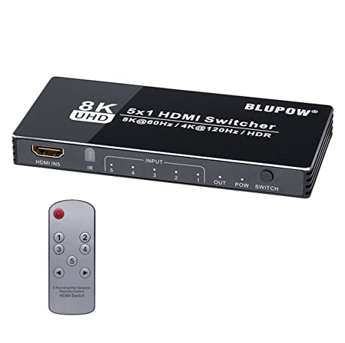 【HDMI2.1 5in1out】本製品は、最新のゲーム機や映像出力機器など5台のHDMI機器を切り替えて、フルHDの16倍の画素数をもつ8Kの映像信号と音声をそのまま出力できるHDMIセレクターです。8K対応HDMI端子を1ポートしかもたないテレビやディスプレイも、ボタンひとつでHDMI機器を切り替えて共有することができます。【8K対応】8K@60Hz・4K@120Hzに対応。高精細4Kコンテンツの高フレームレート120fps（120Hz）に対応。大画面でなめらかな動きを再現します。対人ゲームやeSports など、スピード感や繊細な操作が要求されるゲームも、ディスプレイと直結したときと同じ感覚で楽しめます。※120Hzを出力するには、120Hz 対応のゲームソフト、ケーブル、入力機器、出力機器が必要です。【HDCP 2.3対応】デジタル著作権保護技術 HDCP は、従来規格の HDCP 1.4・2.2 に加え、新バージョン HDCP 2.3に準拠しています。HDR（ハイダイナミックレンジ）に対応しています。従来のSDRに比べてより広い明るさの幅を表現できる表示技術です。黒潰れや白飛びを防ぎ、肉眼に近いリアルな映像を楽しむことができます。【高音質対応】対応オーディオフォーマット：DTS-HD/Dolby-trueHD/LPCM7.1/DTS/Dolby-AC3/DSD　入力端子・出力端子が同じ面にあるので、ケーブルが前に飛び出すことなく、きれいに配線できます。HDMI端子全てに金メッキ加工を採用しています、サビに強く信号劣化を防ぎます。【3WAY操作】自動切替：HDMI機器起動時に自動的にポートが切り替わる自動切替機能を搭載しています。※自動切替機能はOFFにすることができません。本体のSWITCHボタンでワンタッチ切替できます。リモコンで楽に切り替えられます。【様々なHDMI機器対応】BDプレイヤー、Fire TV、PCや家庭用ゲーム機PS5・ XBOX Series XなどのHDMI出力機器に対応しています。本機をご利用したら、8K・4KモデルのHDMIポート不足を解消！！！【ご注意】8K及び4K/120Hzで接続する際は「Ultra High Speed HDMI Cable」規格認証済ケーブルで接続する必要があります。4K/60Hzで接続する際には「Premium High Speed HDMI Cable」規格認証済ケーブルで接続する必要があります。※4K/HDR映像を再生するためには全ての機器構成・ケーブル・ソフトウェアが4K/HDR規格に対応していることが必要です。【セット内容】本体×1、リモコン×1、USB電源ケーブル×1、英語マニュアル×1