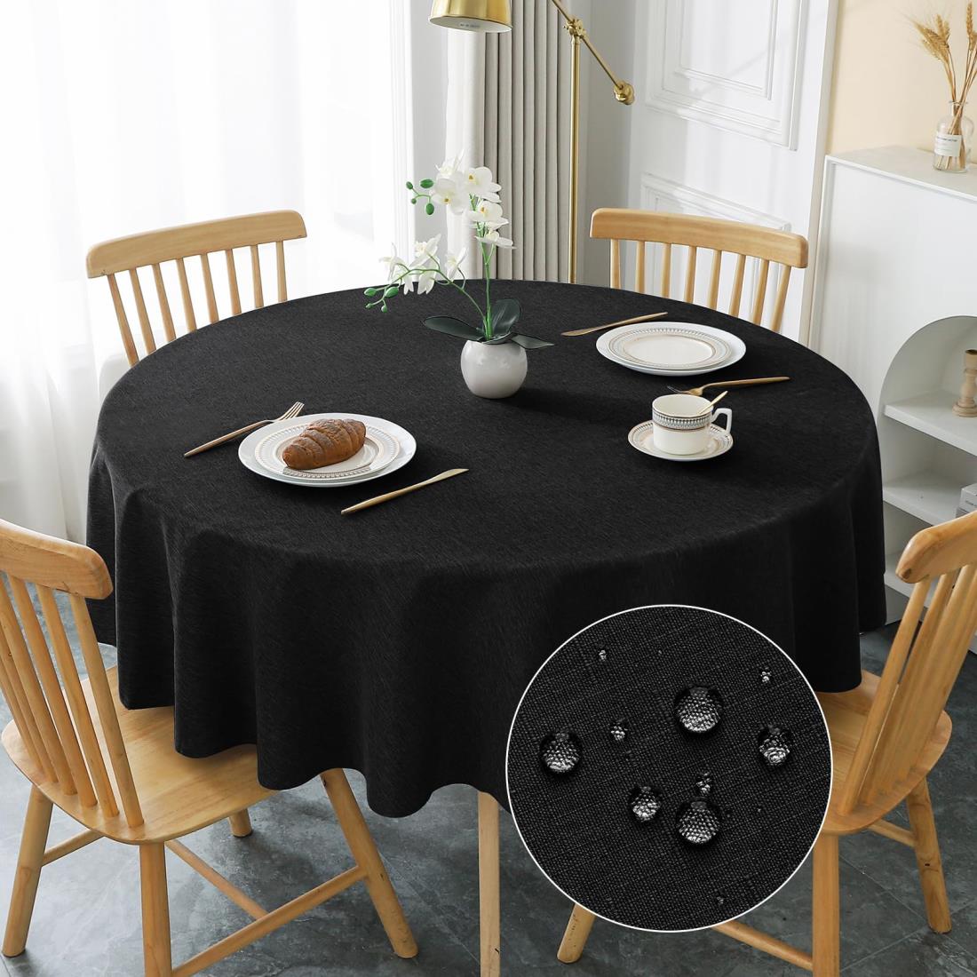 AooHome テーブルクロス 黒 円形 150cm 撥水 汚れ防止 丸 円型 おしゃれ シンプル テーブルカバー リネン類 耐熱 速乾 丸洗い お手入れ簡単 業務用・家庭用 ブラック 直径150cm