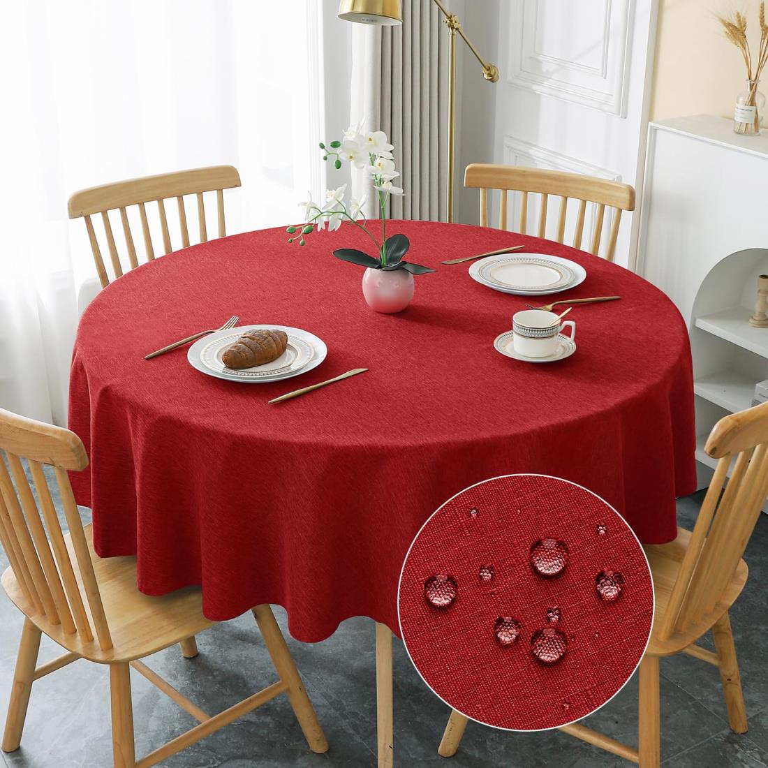 AooHome テーブルクロス 丸 赤 撥水 円形 おしゃれ シンプル テーブルカバー リネン類 汚れ防止 耐熱 速乾 丸洗い お手入れ簡単 業務用・家庭用 レッド 直径150cm