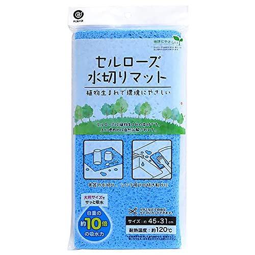 サイズ：幅45×奥行31×高さ0.7cm、重量：約0.105kg耐熱温度：約120度カラー：ブルー素材・材質：本体/セルローズ（植物性繊維素）原産国：中国使い方いろいろ! 抜群の吸水力で水周りをキレイに。 自重の約10倍の水分を吸水する、ソフトで吸水性に優れたセルローズ素材です。 食器を洗った後の水切りマットをはじめ、シンク周りやテーブルの拭き取りなどにもご利用いただけます。 煮沸消毒できます。 ハサミなどで自由なサイズに切って使用できます。 セルローズは植物生まれの天然素材。土に埋めると自然に分解される地球にやさしい素材です。