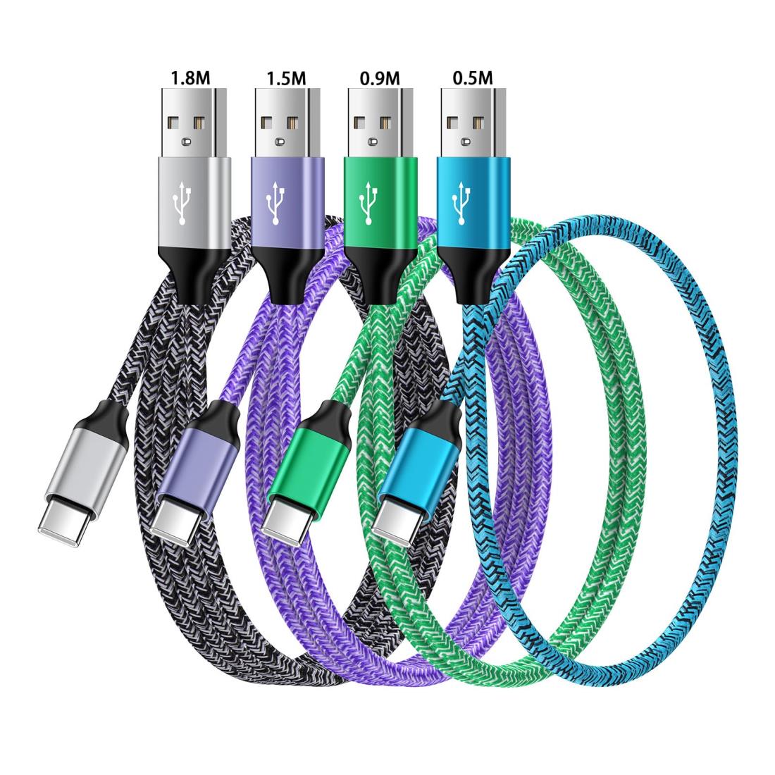 ANNIBER USB タイプCケーブル 0.5m/0.9m/1.5m/1.8m 4本/4色 アンドロイド Type-C 携帯充電ケーブル スマホ急速充電ケーブル Quick Charge3.0対応 iPhone 16/15/Xperia/Galaxy/LG/iPad Pro/MacBook/その他 Android 等USB-C機器対応 在宅勤務支援