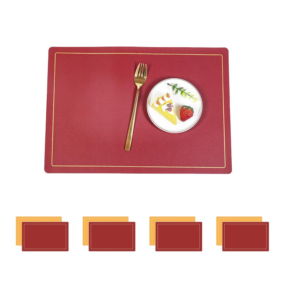 [Senteria]ランチョンマット キッチンマット おしゃれ 無地 PUレーザ 北欧 両面 方型 防水 滑り止め 汚れ防止 断熱 保護 お手入れ簡単 拭き取り可能 調理台 食卓 4枚セット「45*30cm」(レッド×イエロー)