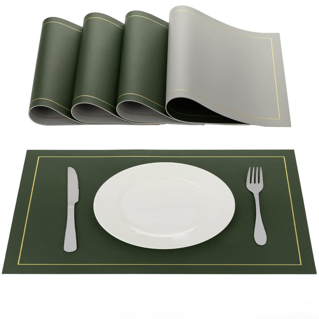Exgox ランチョンマット PU両面 おしゃれ 高級 防汚防水 断熱 お手入れ簡単 環境に優しい素材 油がつかない 丸洗い キッチン 家庭用 レストラン用 4枚セット (正面:ダークグリーン裏面:シルバー)