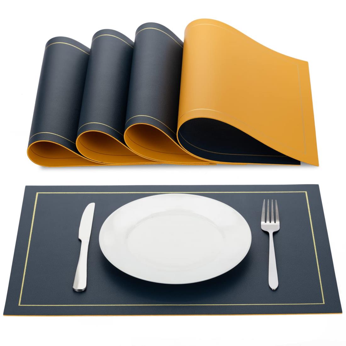Exgox ランチョンマット PU両面 おしゃれ 高級 防汚防水 断熱 お手入れ簡単 環境に優しい素材 油がつかない 丸洗い キッチン 家庭用 レストラン用 4枚セット (正面:ダークブルー裏面:イェロー)