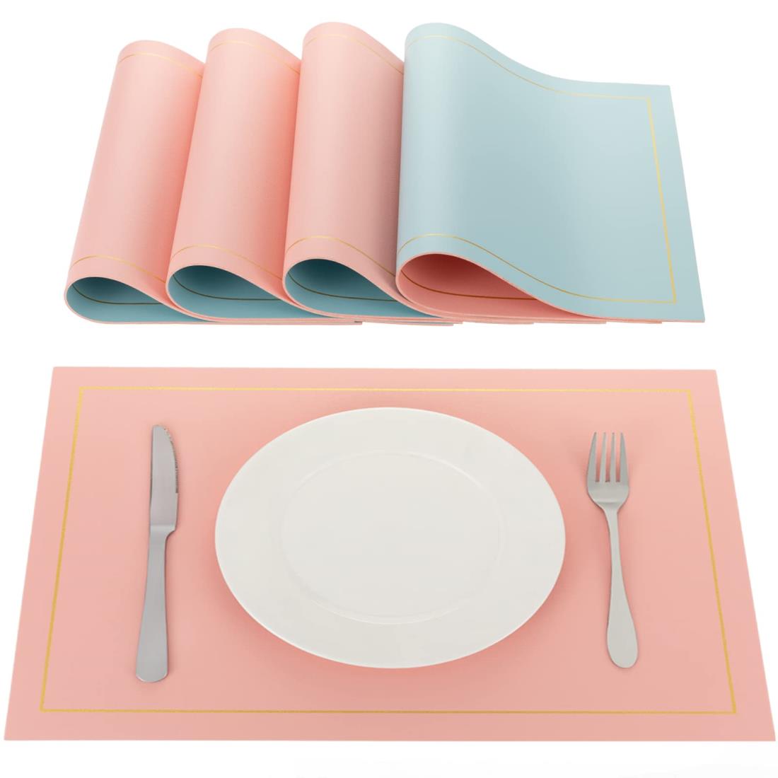 Exgox ランチョンマット PU両面 おしゃれ 高級 防汚防水 断熱 お手入れ簡単 環境に優しい素材 油がつかない 丸洗い キッチン 家庭用 レストラン用 4枚セット (正面:ライトピンク 裏面:ブルー)