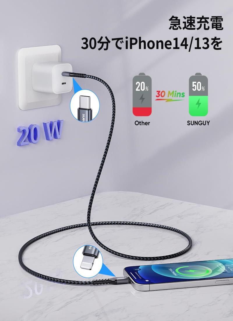 SUNGUY USB-C Lightningケーブル 1M 2本セット【MFi認証取得】 タイプc ライトニングケーブル PD対応 20W急速充電 iPhone 充電ケーブル Carplay対応 高耐久ナイロン編み iPhone 14 13 12 XR XS iPhone 8 7 6 SEなどに対応 1m グレー