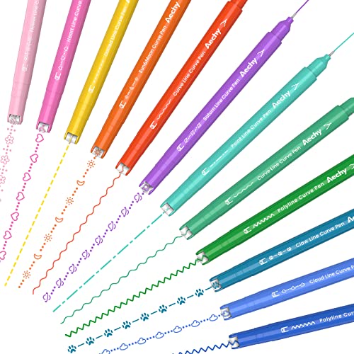 Aechy カーブペン 水性ペン 蛍光ペン 12本カラーペンセット デュアルチップペン 細字ペン先 10種類ローラースタンプ 速乾 手帳/ノート/カード作り 筆記用具（12色 10種類）
