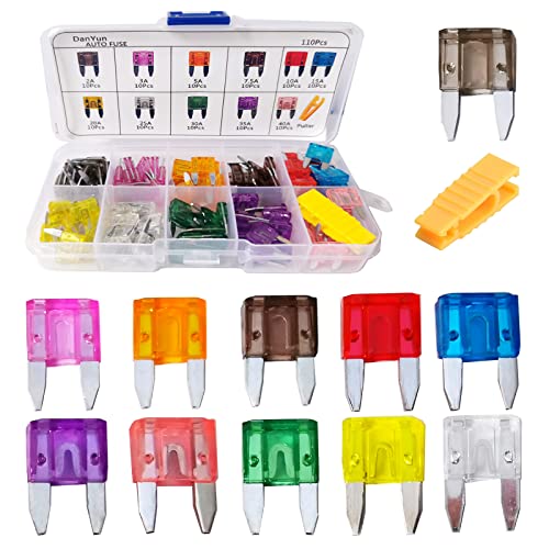 DanYun 110個 ミニ平型ヒューズ 小型ヒューズ 車ブレードヒューズ 2A 3A 5A 7.5A 10A 15A 20A 25A 30A 35A 40A 各10個 ヒューズ脱着工具付き 車/トラック/オートバイ用 電装必需品