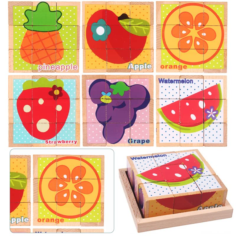 【AAGWW】キューブパズル 3D立体パズル 立体パズル玩具 六面画 9個の木の塊 遊び方多様 フルーツ柄 木製積み木 知育玩具 木製玩具 誕生日プレゼント セット 誕生日プレゼント 人気 教育（6種類の絵-パイナップル、オレンジ、リンゴ、ブドウ、イチゴ、スイカ）