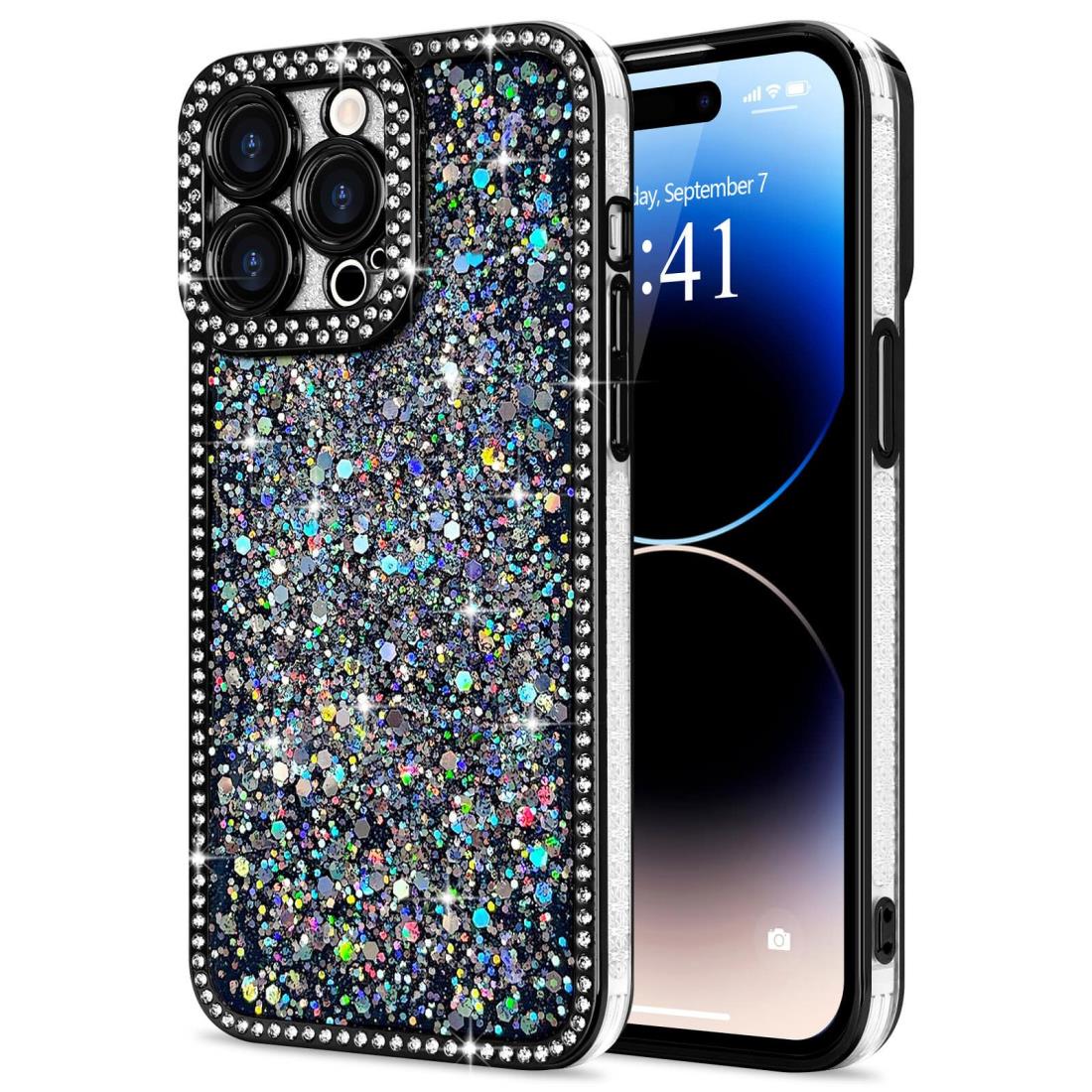 Lafunda iPhone 14 Pro Max 用 ケース キラキラ ラメ ダイヤモンドストーン デコ 女の子 豪華 人気 衝撃吸収 TPU 軽量 落下防止 おしゃれ ワイヤレス充電対応 アイホン14 Pro Max 用携帯ケース 6.7インチ対応 ブラック