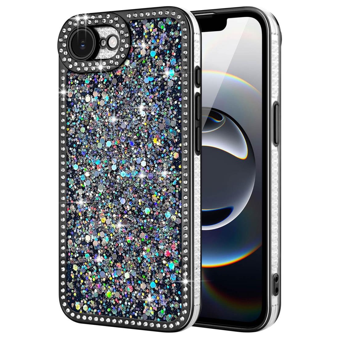 Lafunda iPhone 16e 用 ケース キラキラ ラメ ダイヤモンドストーン デコ 女の子 豪華 人気 衝撃吸収 TPU 軽量 落下防止 おしゃれ ワイヤレス充電対応 アイホン16e 用携帯ケース 6.1インチ対応 ブラック