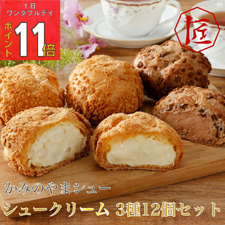 【1日ワンダフルデー PO11倍】 米粉 シュークリーム 12個 3種 冷凍 スイーツ 個包装 クリーム ギフト 山形 つや姫 和菓子 職人 生クリーム 「かみのやまシュー」シュークリーム 3種12個セット ［TAKUMIの逸品］