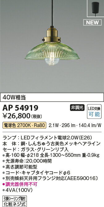 AP54919LEDペンダントライト 白熱球40W相当引掛シーリング取付 非調光 電球色コイズミ照明 照明器具 天井照明 吊下げ 2