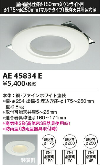AE45834E屋内屋外仕様ダウンライト用 リニューアルプレート 既存天井穴径:φ175〜250 マルチタイプφ150用の器具用コイズミ照明 照明器具部材 [2]