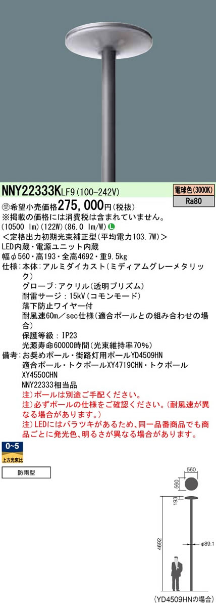 パナソニック Panasonic 施設照明LEDモールライト 【タイマー段調光機能付】 電球色 ポール取付型全周配光タイプ 透明つや消しグローブ 防雨型 水銀灯400形1灯器具相当NNY22333KLF9