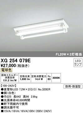 XG254079ELED-TUBE 防雨・防湿型ベースライト直付型 20形 逆富士型 2灯用 1050lmタイプ非調光 電球色 FL20W相当オーデリック 照明器具 通路 階段 駐輪場 駐車場 軒下取付専用