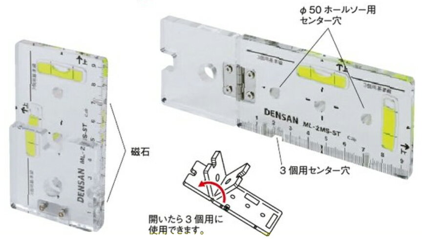 ML-2MS-ST水平器・レベル スイッチボックスケガキレベル（3個用対応） スリムタイプ(厚み約6mm）垂直 水平 磁石付ジェフコム 電設作業工具 DENSAN デンサン