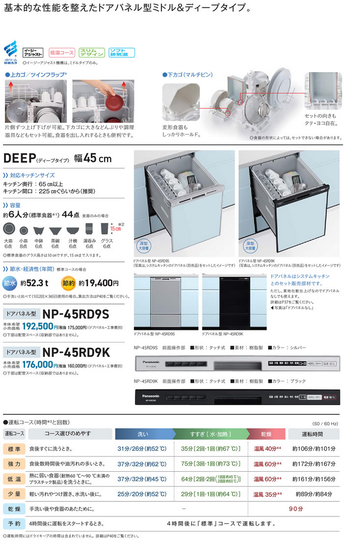 ●NP-45RD9Kビルトイン食器洗い乾燥機 R9シリーズ 奥行65cm幅45cm ディープタイプ ドアパネル型(ブラック)容量：標準食器44点(約6人分) 庫内容積：約62LPanasonic キッチンビルトイン機器 2