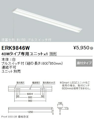遠藤照明 施設照明LEDベースライト SDシリーズ本体のみ 40Wタイプ 直付 逆富士形 プルスイッチ付 W：150ERK9846W