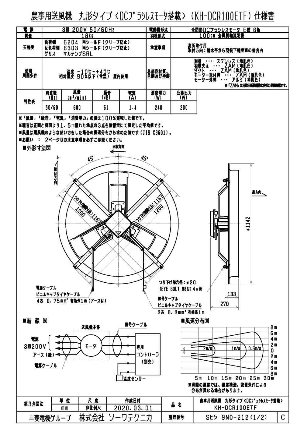 ●KH-DCR100ETFソーワテクニカ 農事用送風機DCブラシレスモータ搭載 丸形タイプ 羽根径100cm 3相200V ガードなし