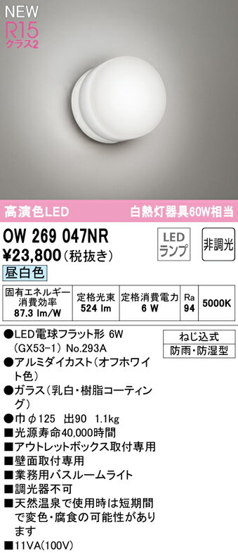OW269047NRLED業務用バスルームライト 白熱灯器具60W相当R15高演色 クラス2 昼白色 非調光オーデリック 照明器具 壁面取付専用 防湿・防雨型 2