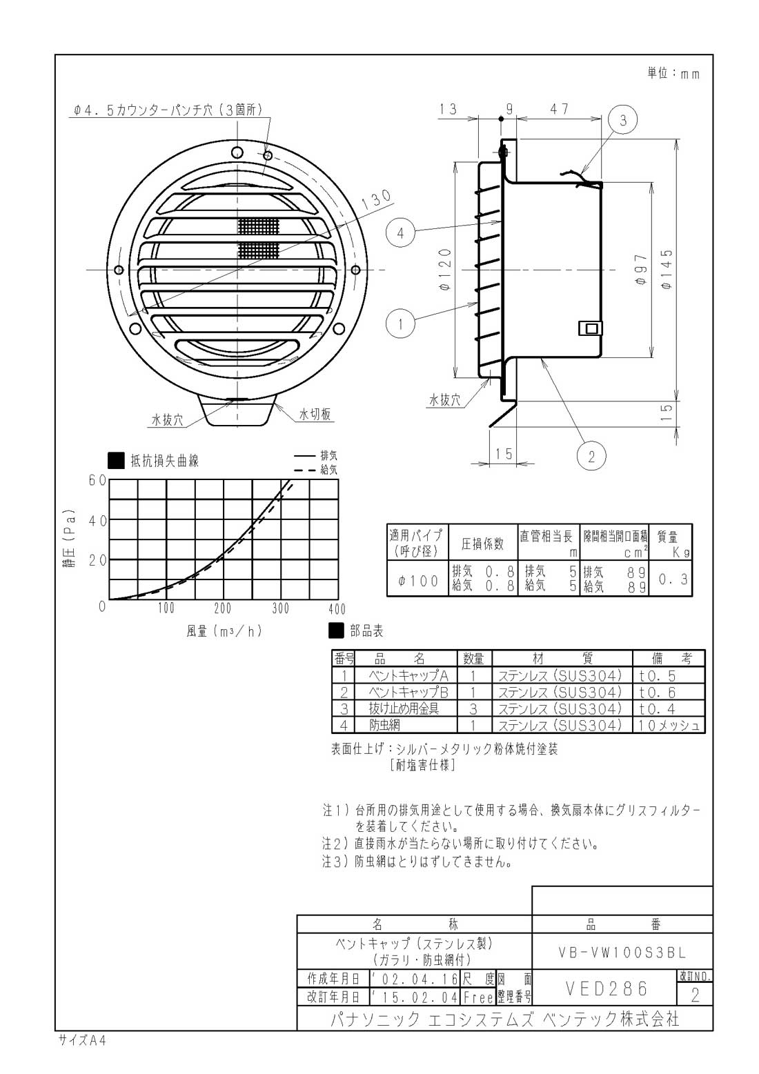 VB-VW100S3BLBL認定商品 ステンレス製 ベントキャップ(防虫網・ガラリ付) 呼び径φ1...