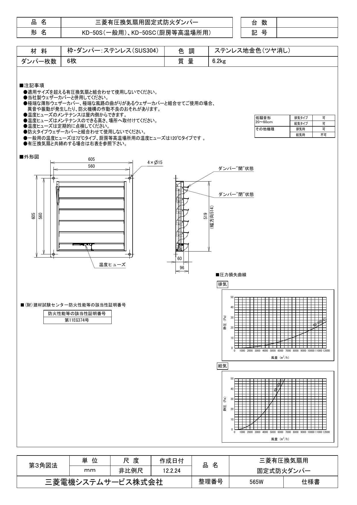 三菱電機 有圧換気扇用システム部材固定式防火ダンパー 一般用KD-50S