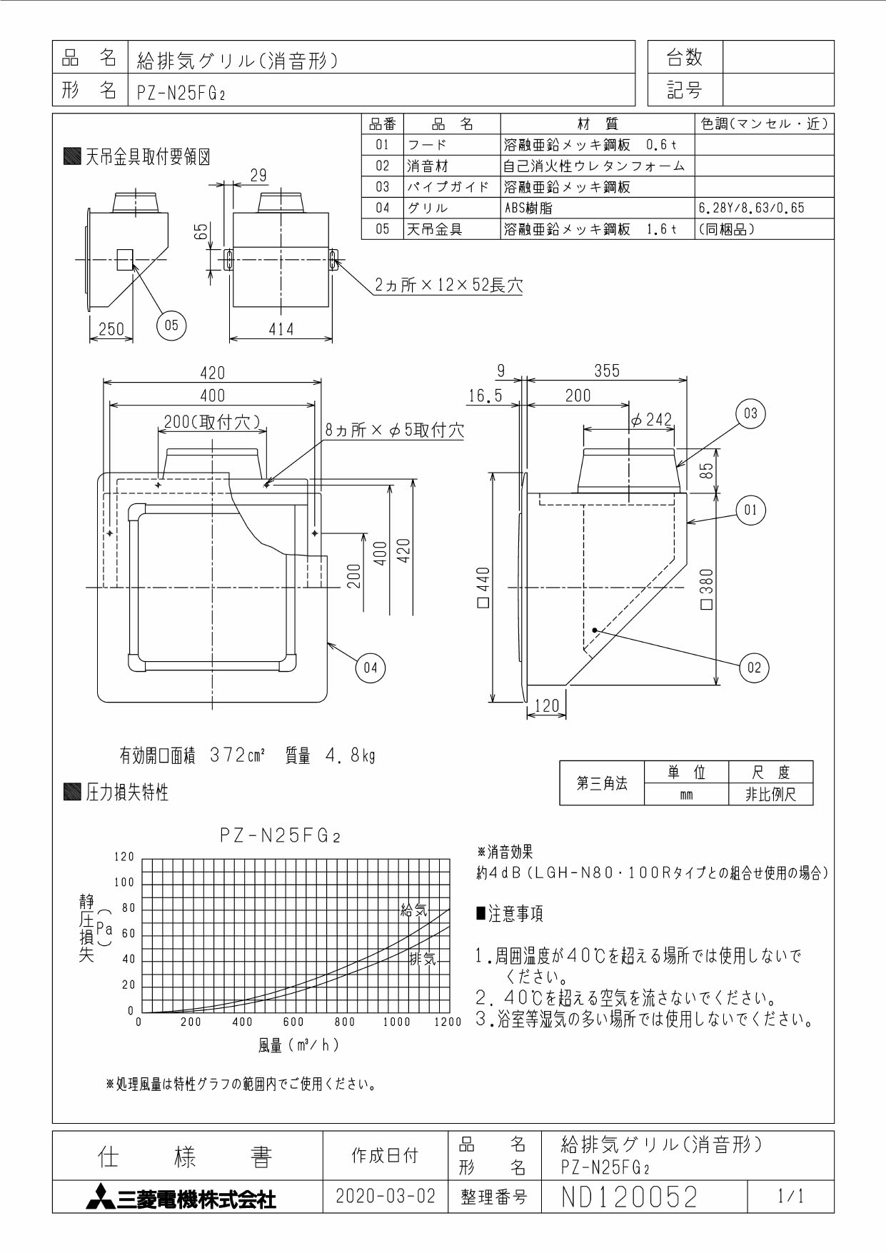 PZ-N25FG2三菱電機 業務用ロスナイ用システム部材給排気グリル（消音形）
