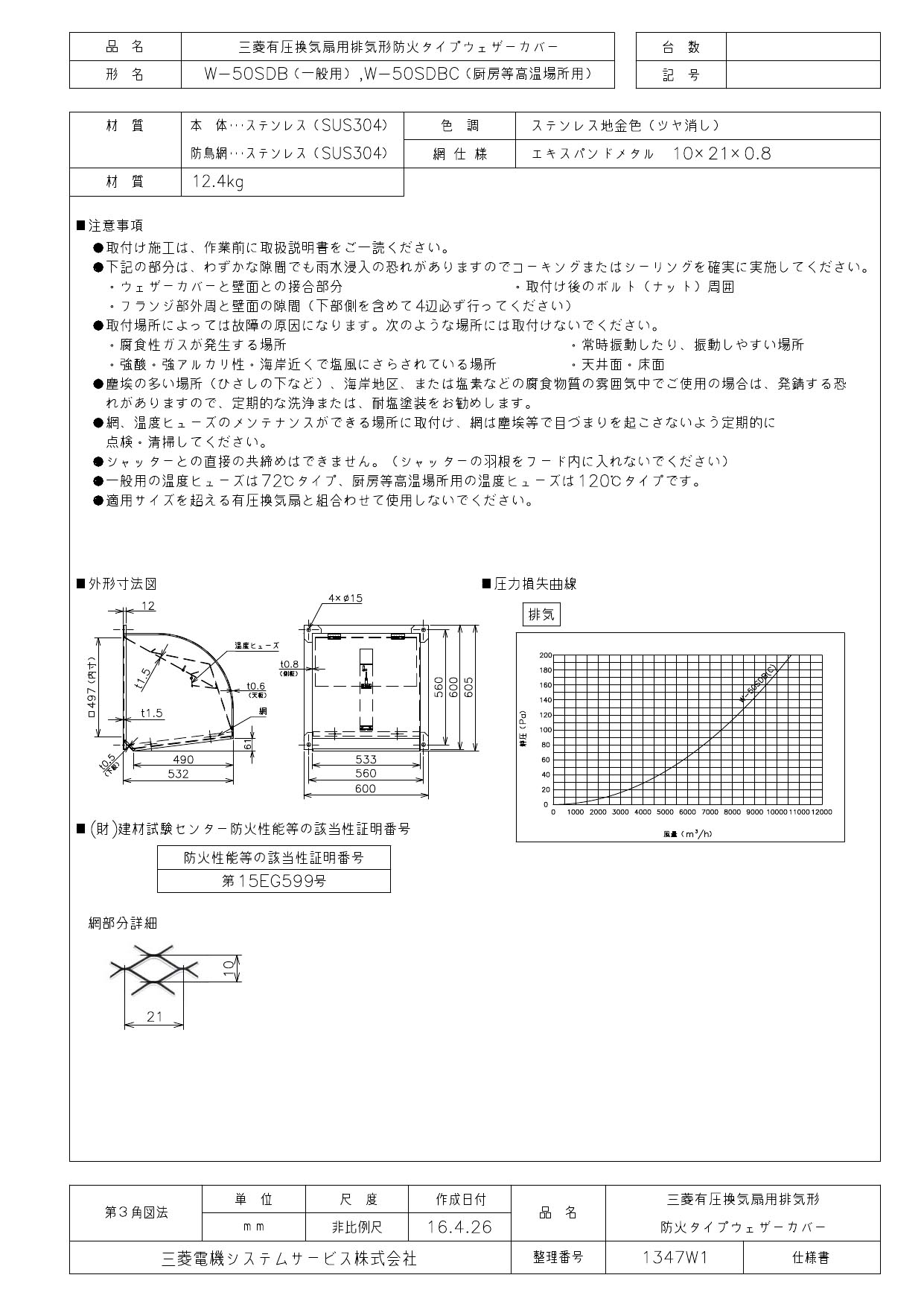 ●三菱電機 有圧換気扇用システム部材ウェザーカバー 排気形防火タイプ厨房等高温場所用 ステンレス製 防鳥網標準装備W-50SDBC