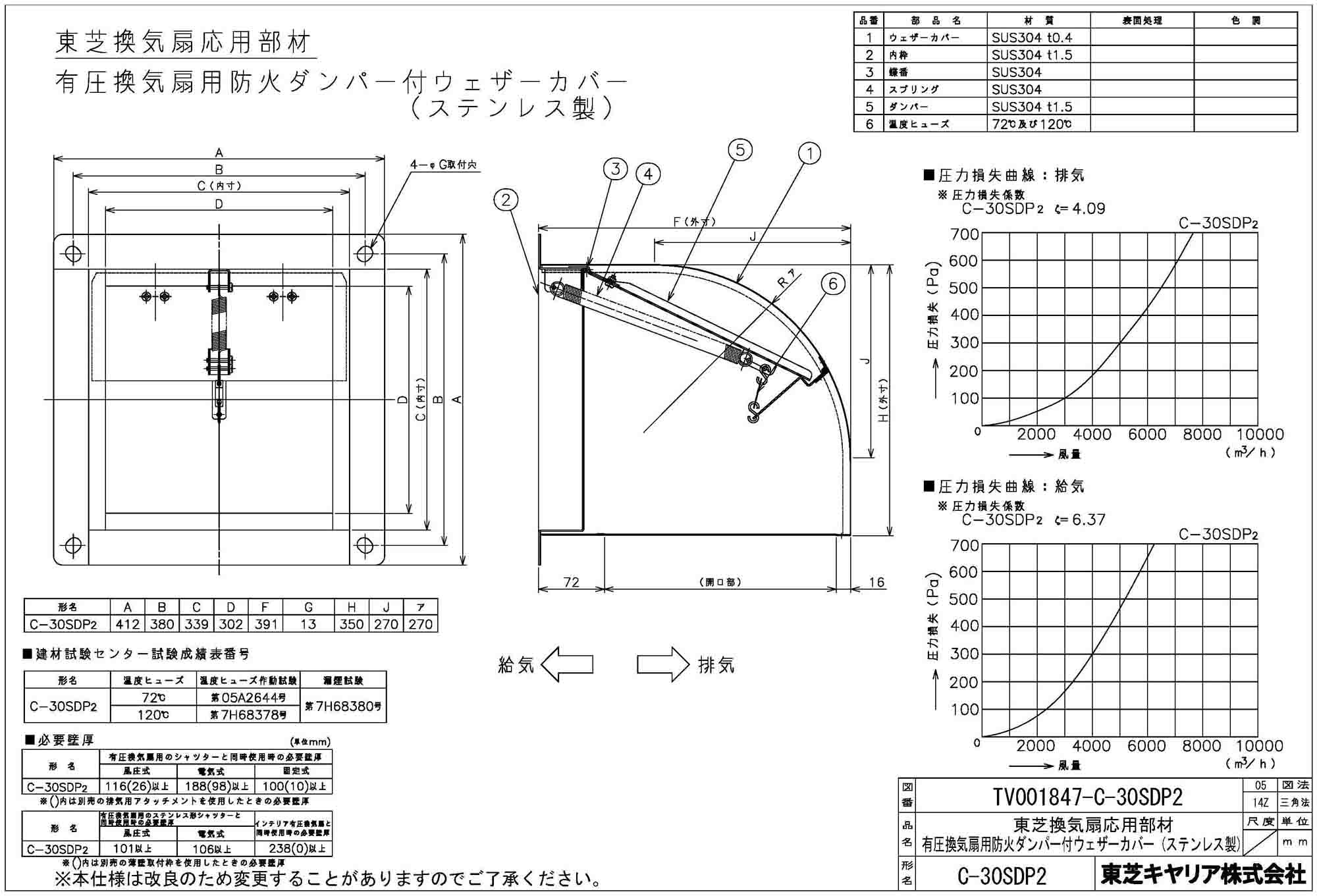 C-30SDP2日本キヤリア 産業用換気扇用部材有圧換気扇用 防火ダンパー付ウェザーカバー ステンレス製 30cm用東芝キヤリア