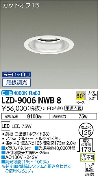 LZD-9006NWB8LEDベースダウンライト 埋込穴φ12510000クラス メタルハライドランプ250W相当 電源内蔵カットオフ15° シルバーマットコーン60°配光 白色 SENMU無線調光大光電機 施設照明