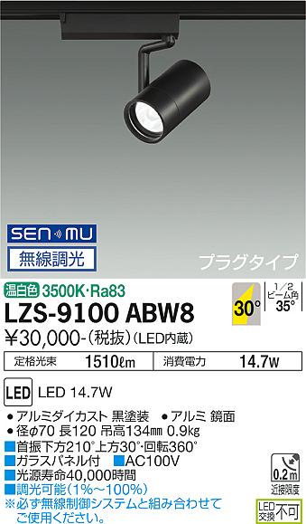 LZS-9100ABW8LEDスポットライト RECOL プラグタイプ1200クラス φ70 12Vダイクロハロゲン75W形50W相当30°広角形 温白色 SENMU無線調光大光電機 施設照明
