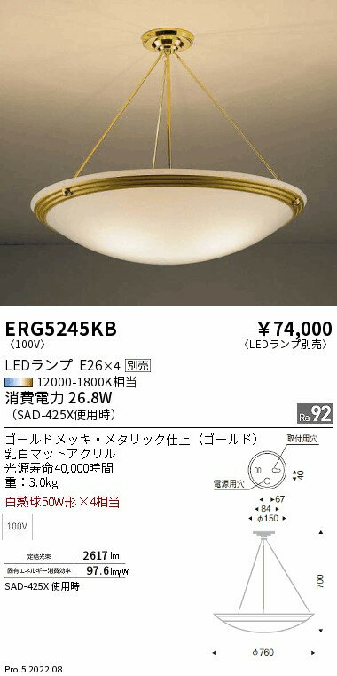 ERG5245KBLEDシーリングライト本体のみ ランプ別売(E26) 無線調光対応 要電気工事...
