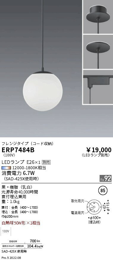ERP7484BLEDZ LAMP enwa ペンダントライト 直付埋込兼用本体のみ ランプ別売(E26) 無線調光対応 要電気工事遠藤照明 施設照明 [2]