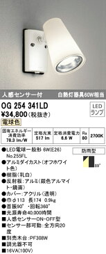 OG254341LDエクステリア LEDスポットライト電球色 防雨型 人感センサ付 白熱灯60W相当オーデリック 照明器具 中庭 デッキ 屋外用照明