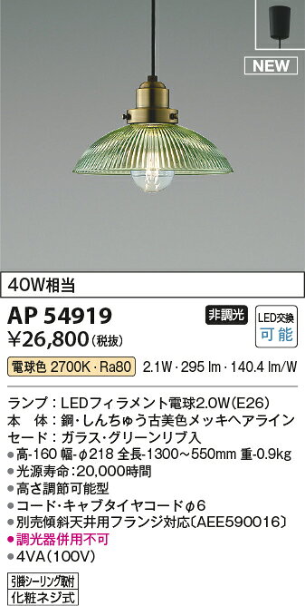 AP54919LEDペンダントライト 白熱球40W相当引掛シーリング取付 非調光 電球色コイズミ照明 照明器具 天井照明 吊下げ [2]