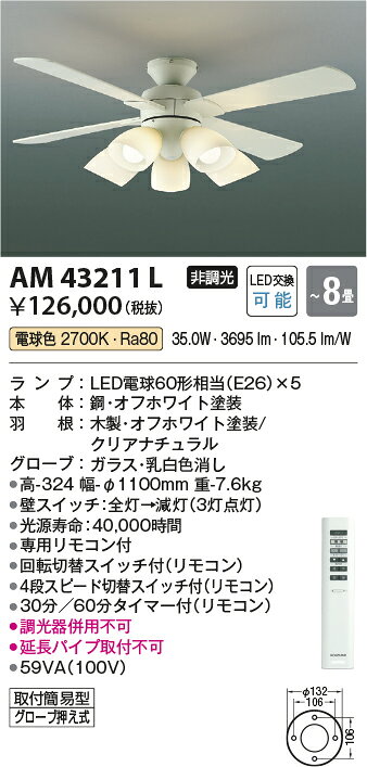 AM43211LUnit Fan 薄型インテリアファン LED灯具一体型タイプ リモコン付 5灯 8畳...