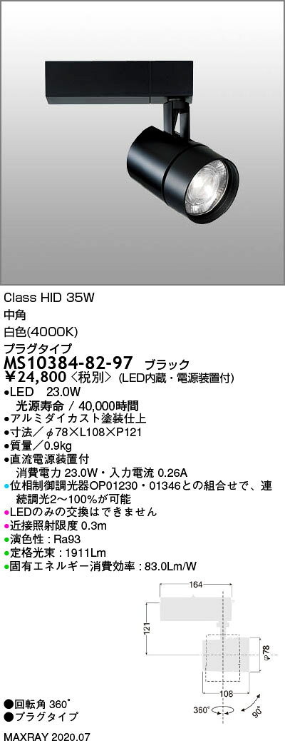 MS10384-82-97基礎照明 TAURUS-M LEDスポットライト中角 プラグタイプ 連続調光HID...