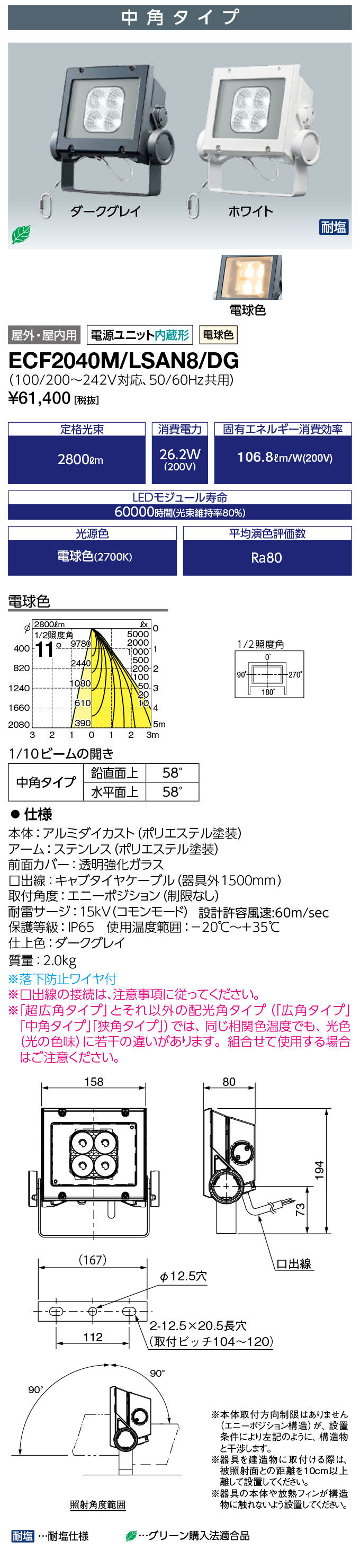 ECF2040M/LSAN8/DGLED投光器 レディオック フラッド ネオ 20クラス 中角タイプ 電...