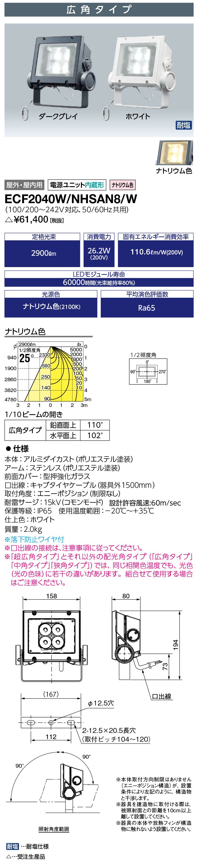 ECF2040W/NHSAN8/WLED投光器 レディオック フラッド ネオ 20クラス 広角タイプ ナ...