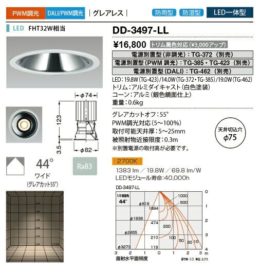 DD-3497-LLLED一体型 軒下用ダウンライト Unicorn NEO 75 ベースタイプ FHT32W相当埋込φ75 グレアレス シングルレンズ 防雨型 防湿型電球色2700K PWM調光対応 44°ワイド山田照明 照明器具 テクニカルライト 天井照明