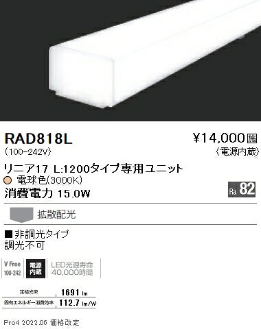 RAD-818LLEDベースライト用 LEDZ Linearシリーズ リニア17 メンテナンスユニット電源内蔵 拡散配光 L1200タイプ 非調光 電球色(3000K)遠藤照明 施設照明部材 [2]