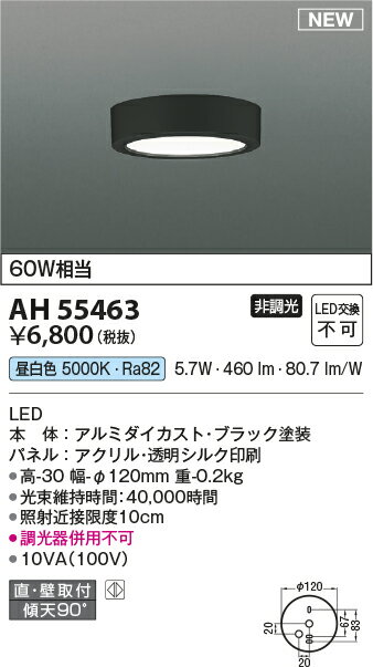 AH55463導光板薄型 小型LEDシーリングライト 昼白色白熱球60W相当 非調光 直・壁取付 要電気工事コイズミ照明 照明器具 天井照明