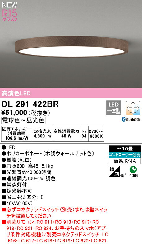 ★OL291422BRLEDシーリングライト FLAT PLATE [フラットプレート]R15高演色 クラス2 10畳用 簡易取付型CONNECTED LIGHTING LC-FREE 調光・調色 Bluetooth対応 電気工事不要オーデリック 照明器具 天井照明 リビング向け 【〜10畳】 [2]