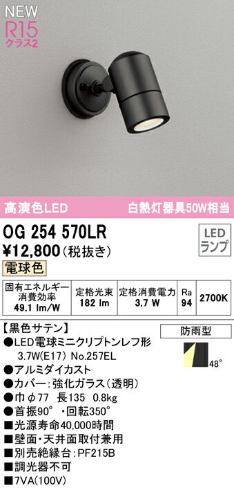 ★OG254570LRエクステリア LEDスポットライト 白熱灯器具50W相当高演色R15 クラス2 電球色 非調光 防雨型オーデリック 照明器具 アウトドアライト 壁面・天井面取付兼用 2