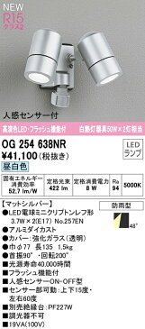 ★OG254638NRエクステリア 人感センサー付LEDスポットライト フラッシュ機能付 白熱灯器具50W×2灯相当高演色R15 クラス2 昼白色 非調光 防雨型オーデリック 照明器具 アウトドアライト