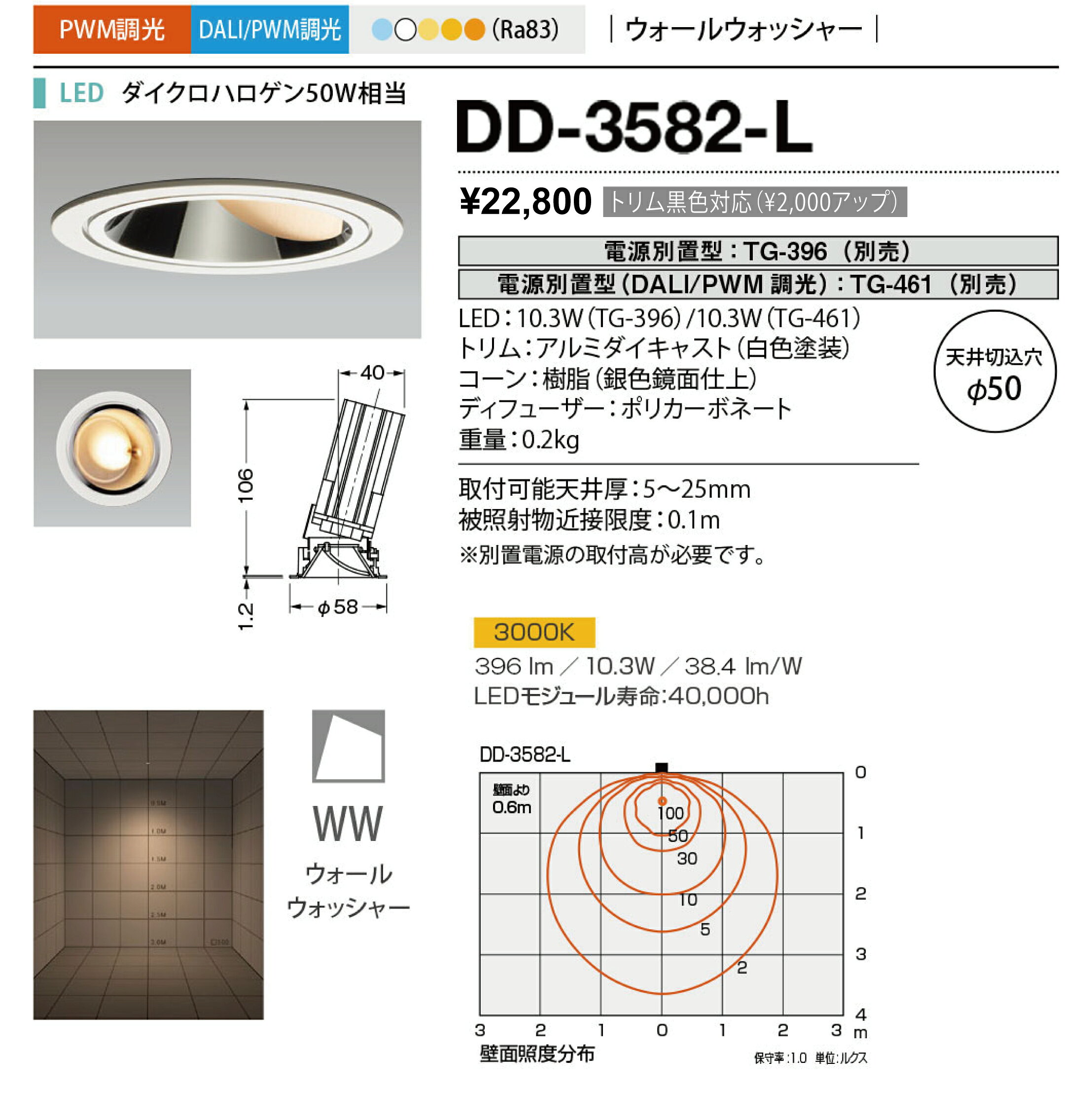 DD-3582-LLED一体型 ダウンライト Unicorn NEO 50 ウォールウォッシャー 埋込φ50 ダイクロハロゲン50W相当調光対応 電球色山田照明 照明器具 テクニカルライト 天井照明 [2]