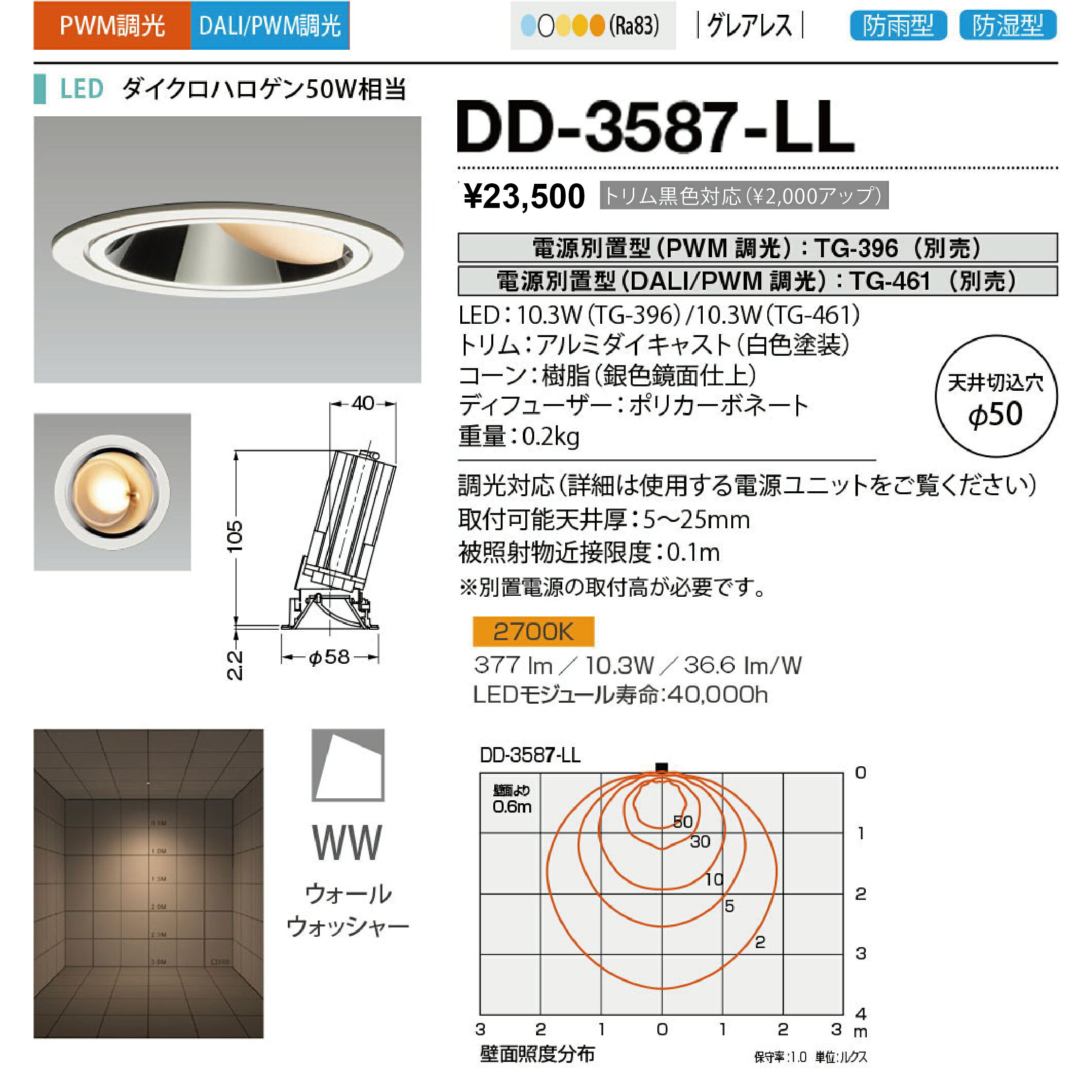 DD-3587-LLLED一体型 軒下用ダウンライト Unicorn NEO 50 ウォールウォッシャー ダイクロハロゲン50W相当埋込φ50 グレアレス シングルレンズ 防雨型電球色2700K 調光対応山田照明 照明器具 テクニカルライト 天井照明 [2]