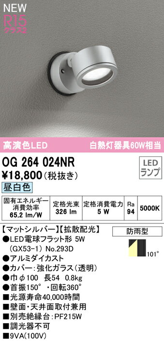 OG264024NRエクステリア LEDスポットライト GX53 白熱灯器具60W相当R15高演色 クラス2 拡散配光 昼白色 非調光 防雨型オーデリック 照明器具 屋外用